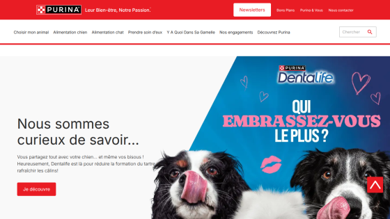 Purina Dentalife promotion with two dogs licking their noses and text about sharing kisses with your dog and tartar reduction.