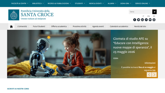 Homepage of Santa Croce University featuring a view of Rome and event information.