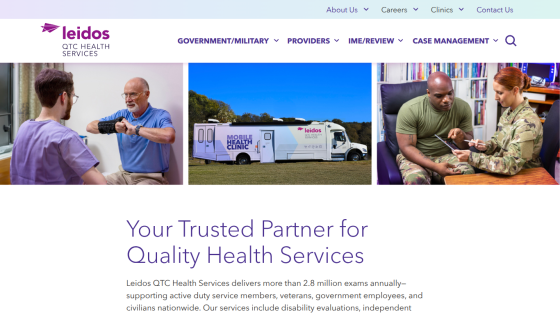 Leidos QTC Health Services homepage featuring healthcare professionals and a service vehicle.
