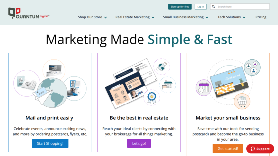 Quantum Digital marketing site with options for mail and print, real estate marketing, and small business marketing