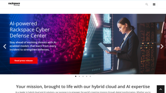 AI-powered Rackspace Cyber Defense Center with a call to action and mission statement.