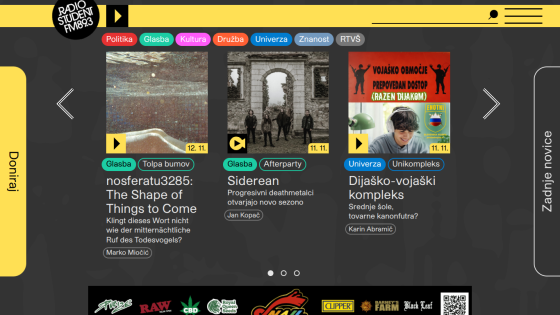 Music website homepage featuring a carousel of album covers and navigation menu with categories.