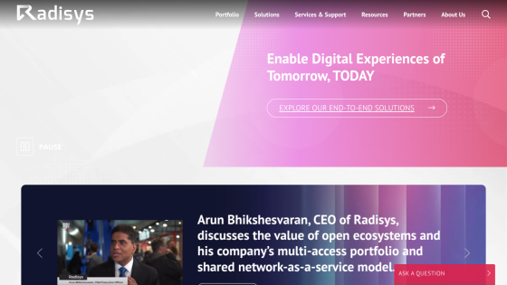 Radisys homepage with navigation menu, headline about enabling digital experiences, and CEO video discussion