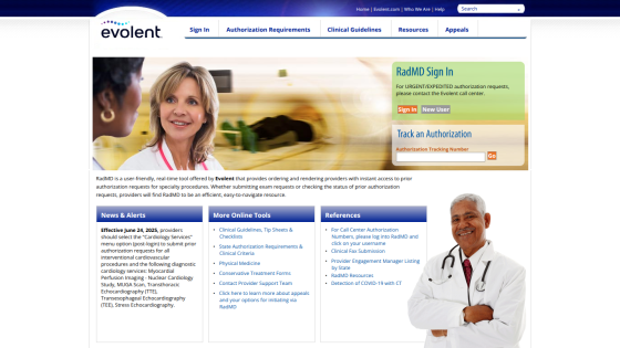 Evolent Health homepage featuring sign-in area and healthcare resources.