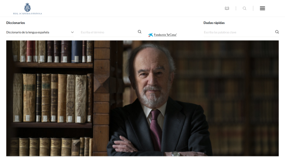 Library website featuring a man in front of bookshelves, with navigation options above.