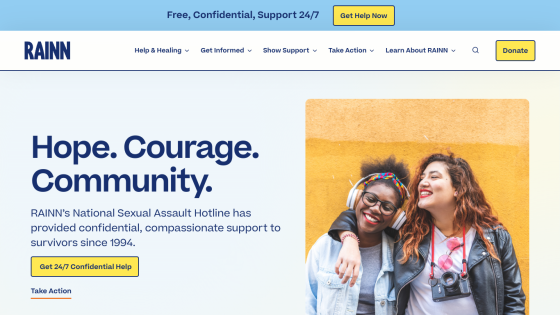 RAINN's homepage featuring support information and a call to action for help.