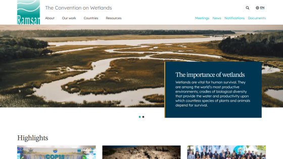 Homepage of Ramsar Convention on Wetlands highlighting the importance of wetlands.