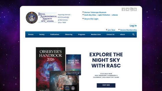 Royal Astronomical Society of Canada homepage featuring Observer's Handbook and night sky exploration promotion