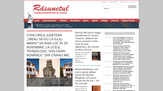 News website Răsunetul with local headlines, navigation menu, and featured articles about a contest and holiday radio program