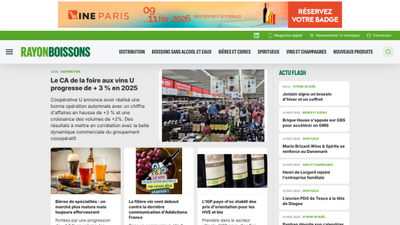 Rayon Boissons homepage with news on wine fair revenue growth, specialty beers, and wine industry updates