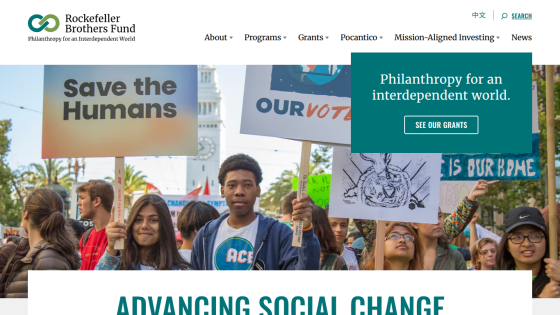 Rockefeller Brothers Fund website with navigation and hero section promoting philanthropy for an interdependent world and social change