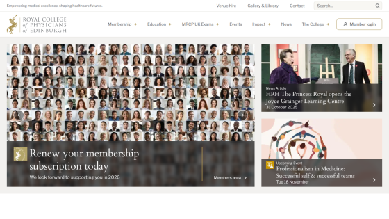 Royal College of Physicians of Edinburgh homepage with membership renewal, news article on Princess Royal opening learning centre, and upcoming professionalism event