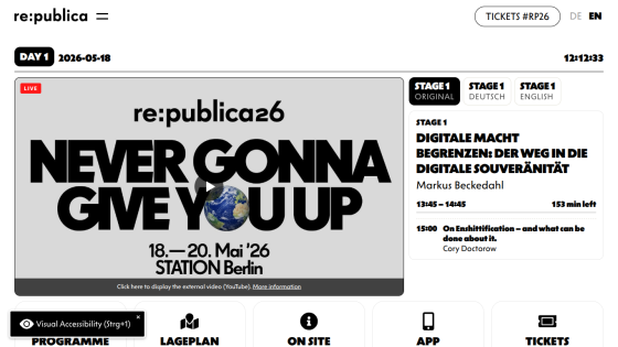 Event details for re:publica 6, featuring 'Never Gonna Give You Up' and dates.