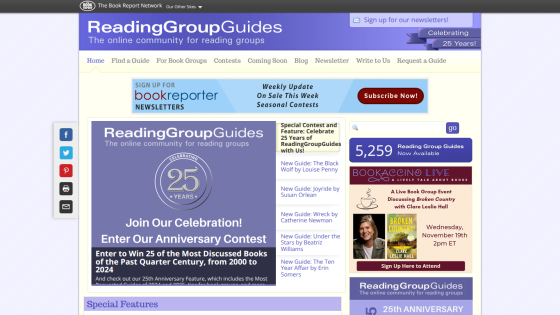 ReadingGroupGuides homepage celebrating 25 years with anniversary contest and book group event details