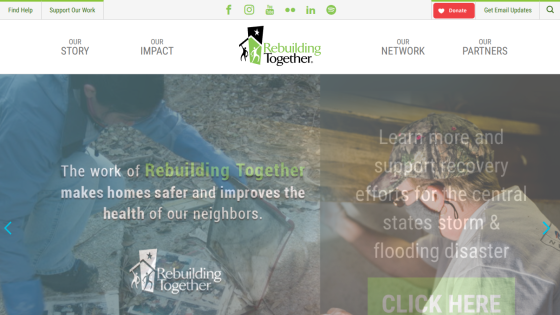 Rebuilding Together homepage with navigation links, social icons, and call to action supporting storm and flooding disaster recovery.