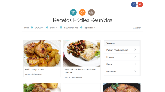 Website header and menu for 'Recetas Fáciles Reunidas' with food categories listed.