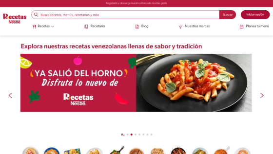 Nestlé Recetas homepage featuring Venezuelan recipes with a search bar, navigation menu, and a pasta dish in the hero carousel.