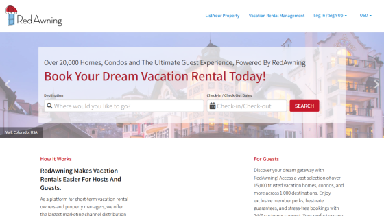 Vacation rental booking site with search for destination and dates, promoting over 20,000 homes and condos
