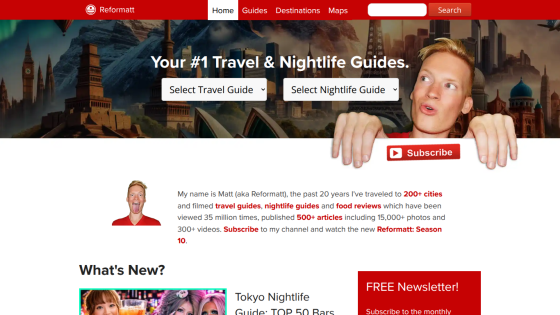 Travel and nightlife guide homepage featuring a search bar and subscription option.