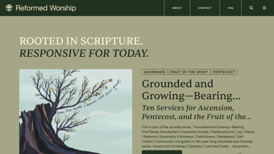 Website header for Reformed Worship with a title and description of services offered.