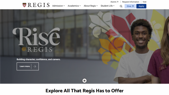 Hero section promoting Regis with the tagline 'Rise at Regis' and a call to action.