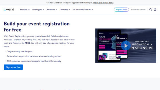 Event registration platform offering free, customizable solutions for event management.