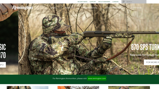 Remington homepage with navigation menu and hero image of a camouflaged hunter aiming a shotgun, promoting 870 SPS Turkey hunting shotgun