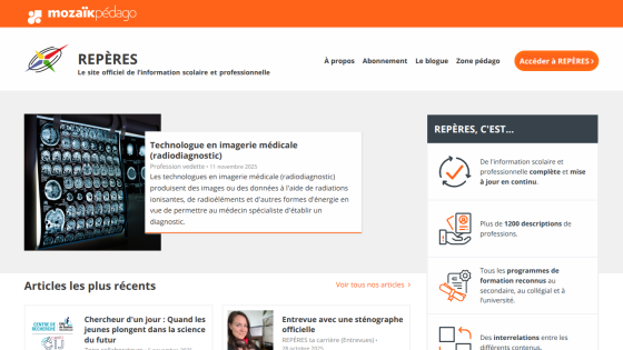 Official site REPÈRES providing updated school and professional information with recent articles and career descriptions