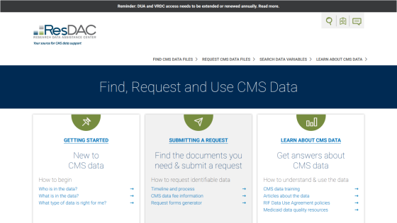 Homepage section for finding and requesting CMS data with three main options.