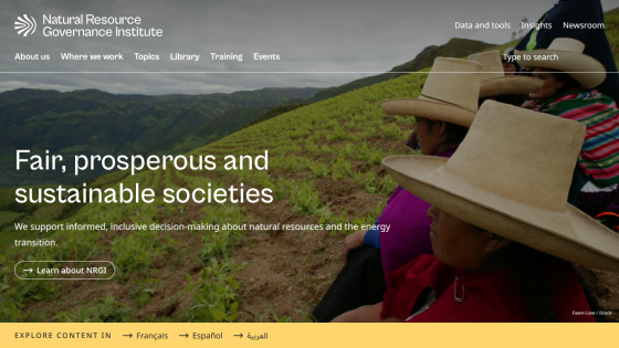 Natural Resource Governance Institute homepage with navigation and headline about fair, prosperous, and sustainable societies