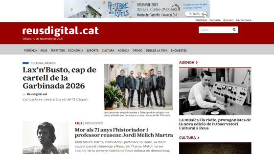 News website reusdigital.cat featuring headlines on Lax'n'Busto concert and obituary of historian Jordi Mèlich Martra