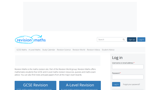 Revision Maths homepage with navigation, search, login form, and links to GCSE and A-Level revision resources