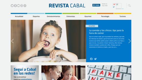 Homepage of Revista Cabal featuring a child eating and sections for news and topics.