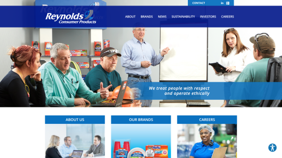 Reynolds Consumer Products homepage with navigation menu and hero image showing a meeting and the text about respect and ethics