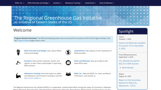 Regional Greenhouse Gas Initiative homepage with navigation, welcome message, program review outcomes, and spotlight notices.