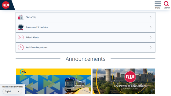 RTA transit site with navigation options and announcements including 2024 annual report