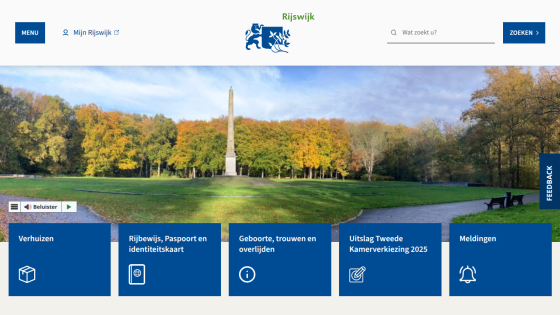 Rijswijk municipal website with navigation menu, search bar, and service categories over a park image
