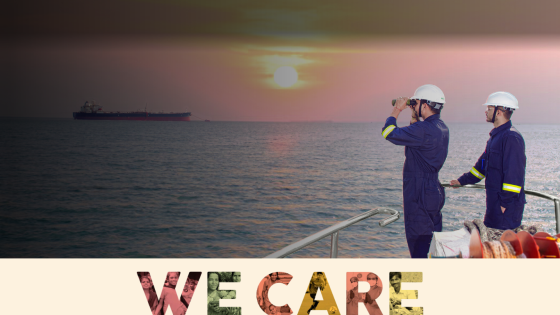 Two workers on a ship observing the sea at sunset with the text 'WE CARE'.