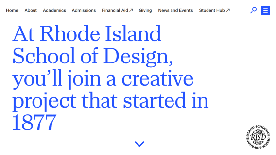 Homepage of Rhode Island School of Design featuring a creative project introduction.