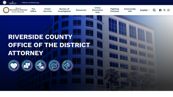 Riverside County Office of the District Attorney homepage with navigation and hero image of office building