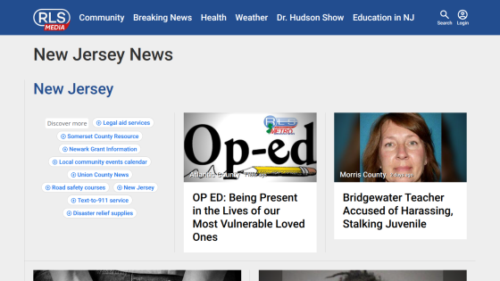 New Jersey news homepage with links to local resources and recent articles on vulnerable loved ones and a teacher accused of harassment