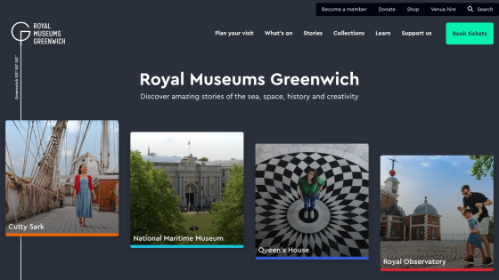 Homepage of Royal Museums Greenwich featuring attractions and a call to action to book tickets.