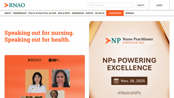 RNAO website promoting nursing advocacy and Nurse Practitioner Symposium 2025 event on Nov 28, 2025.