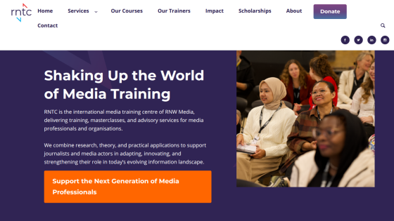 Homepage of RMTC highlighting media training with a call to action.