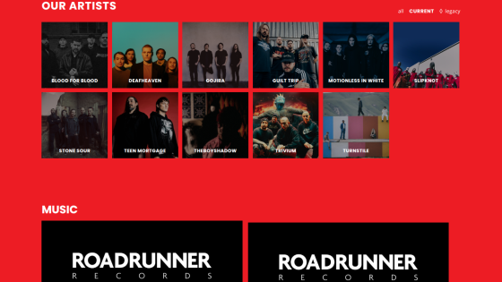 Grid of artists with a red background, featuring album covers and a music section.