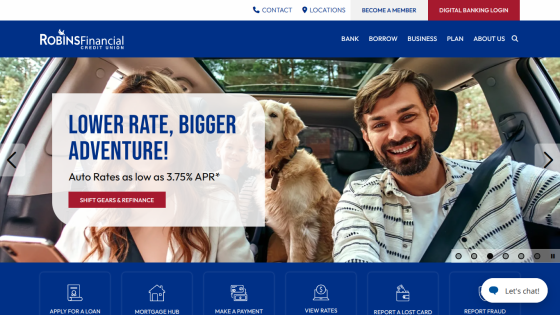 Promotional banner for auto rates with a man, woman, and dog in a car.
