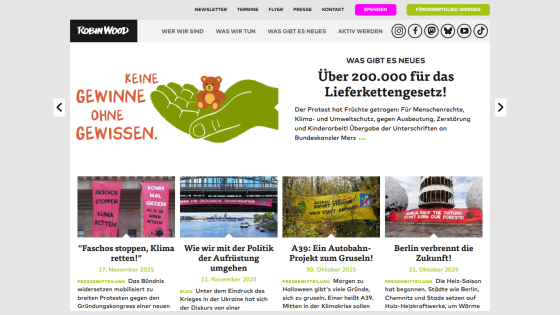 Environmental activism website with news on supply chain law protest and climate protection articles dated October and November 2025