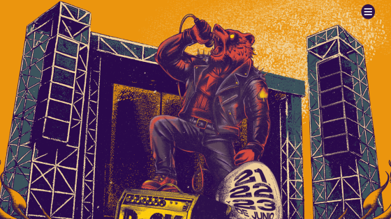 Illustration of a bear in a leather jacket singing on stage with concert towers and dates June 21, 22, 23
