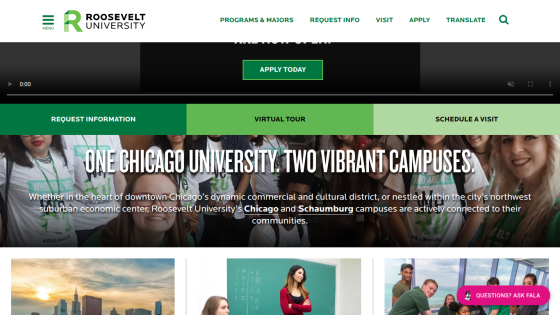 Roosevelt University homepage featuring a call to action to apply and a tagline about its campuses.