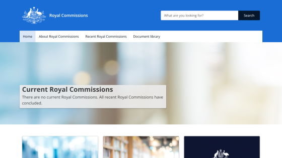 Royal Commissions site with navigation, search bar, and message about no current Royal Commissions